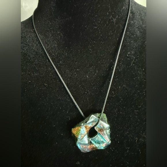 Dichroic Glass Vintage Shimmer Metallic Pendant w/ Necklace Green Blue Amber - Picture 2 of 4